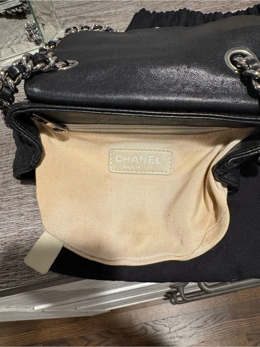 CHANEL Black Quilted Mini Crossbody with Silver Chain